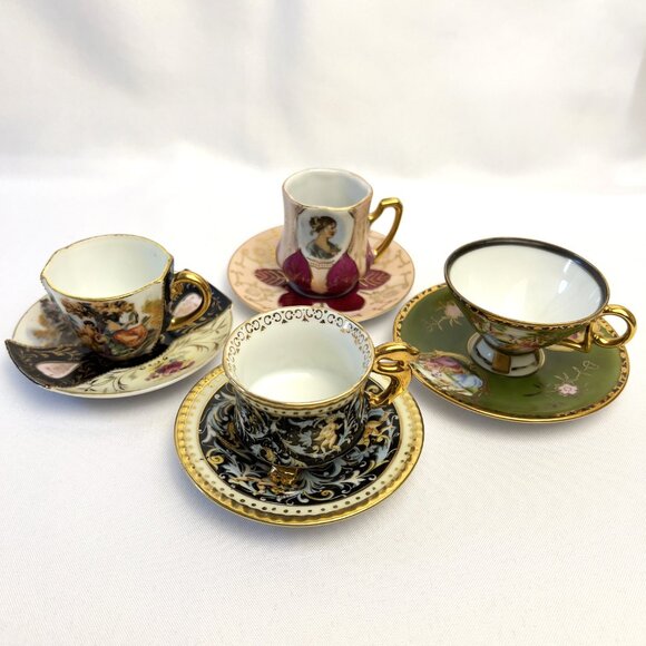 Japanese Vintage Set of 4 Hand Painted Demitasse Porcelain Teacups Saucers #6912 - Picture 10 of 15